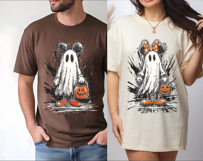 Comfort Colors Retro Mickey Minnie Halloween Couple Shirts, Mickey and Minnie Ghost Shirt, Spooky Season Shirt, Disney Halloween Trip Shirts