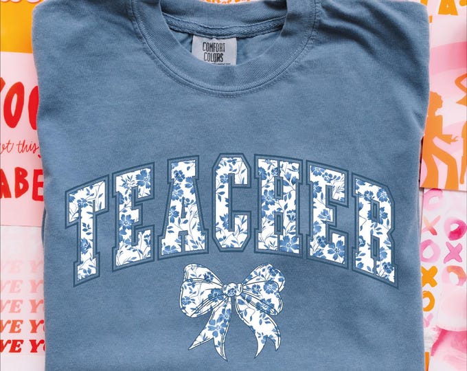 Comfort Colors Floral Teacher T-Shirt, Coquette Bow Shirt, Gift For Teacher, Kindergarten Elementary School Teacher, Coquette Bow Teacher