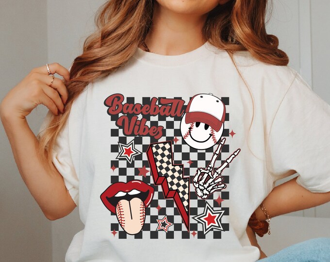 Comfort Colors Retro Checkered Baseball Vibes Shirt, Baseball Shirt, Retro Baseball Shirt, Baseball Mom Shirt, Cute Vintage Sports Mom Shirt