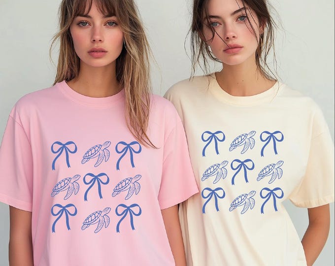 Turtle Coquette Bow Summer Shirt, Summer Vibes T-Shirt, Turtle T-Shirt, Retro Summer Shirt, Beach Shirt, Coquette Bow, Coquette Turtle Shirt