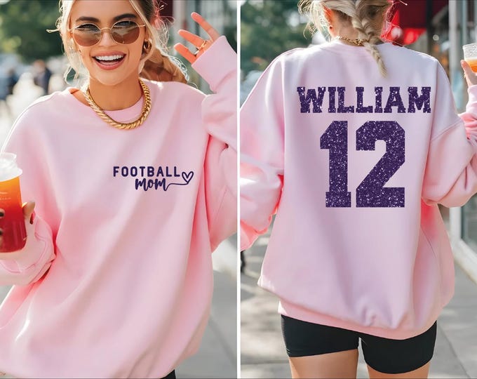 Customized Football Mom Sweatshirt, Glitter Child's Name & Number Football Sweater, Football Mom Hoodie, Game Day, Football Season Hoodie,BP