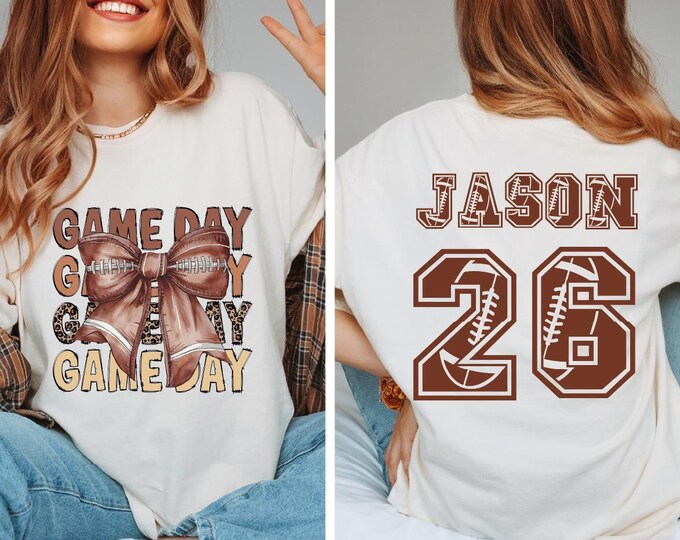 Personalized Football Mom Shirt, Custom Game Day Football, Child Name & Number Football Game Season Shirt, Gameday Shirt, Touchdown Tee, BP