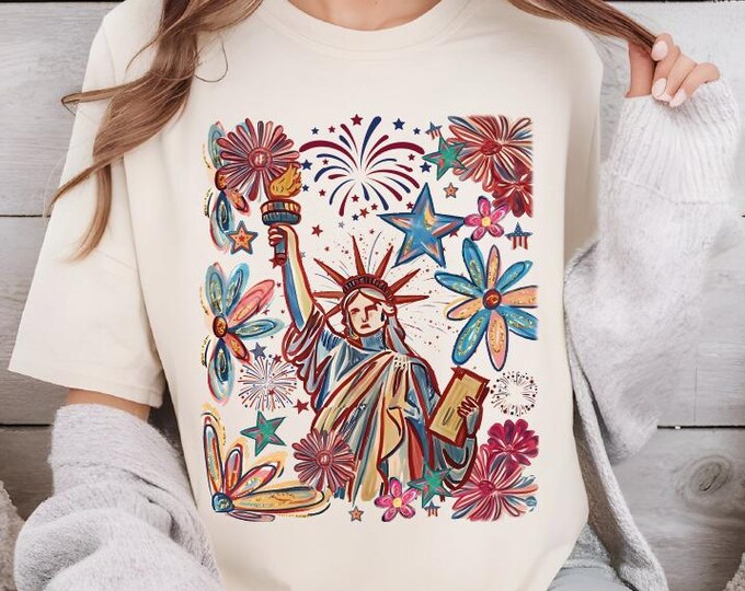 Retro 4th July Statue of Liberty Shirt, America 4th July Comfort Colors Tee, American Girl Tee, Gift for American Girl, Boho Flower Freedom