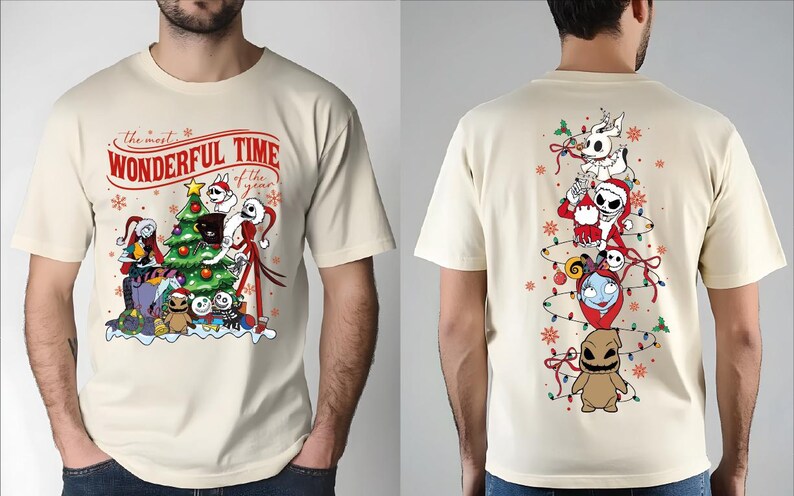 A white t-shirt with a graphic design featuring characters from the movie " Nightmare Before Christmas" and the text "The most wonderful time of the year".