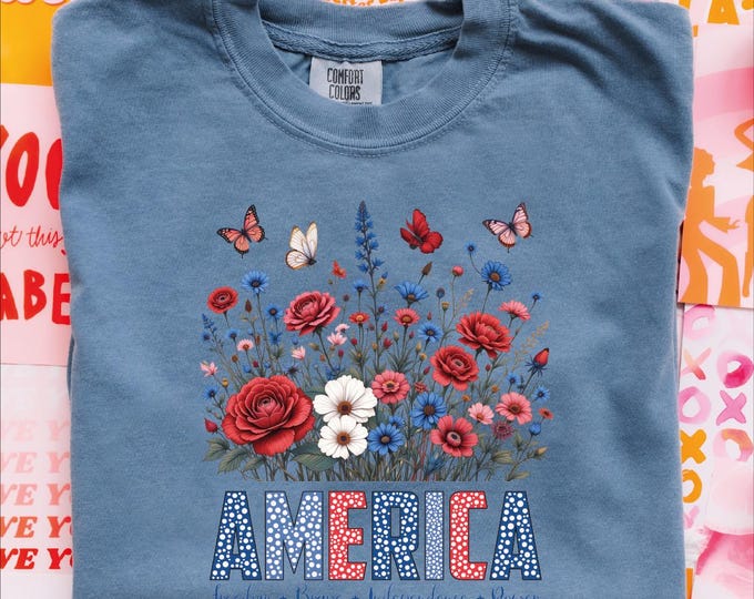 Comfort Colors Floral American Flag Shirt, Womens 4th Of July Shirt, Floral USA Shirt, Patriotic Shirt, Memorial Day Gift, Independence Day