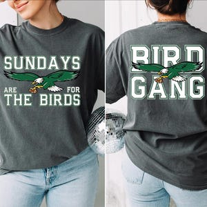 two pictures of a woman wearing a bird gang t - shirt