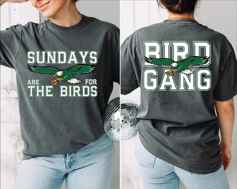 two pictures of a woman wearing a bird gang t - shirt