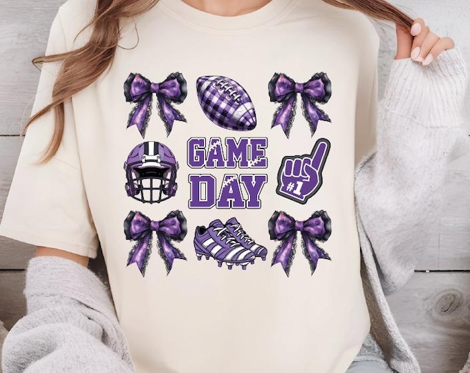 Game Day Football Shirt, Coquette Purple Football Shirt, Retro Football Game Day Tee, Coquette Purple Bow Tee, Trendy Gift for Football Mom