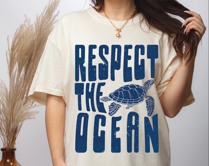 Respect the Ocean Comfort Colors Shirt, Turtle Shirt, Protect the Ocean Tshirt, Oversized Beach Shirt, Retro Vintage Sea Turtle Graphic Tee