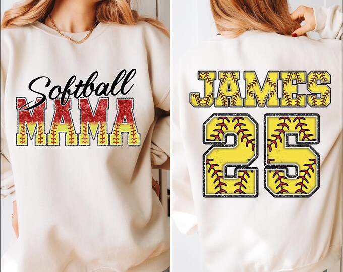 Custom Softball Mama Sweatshirt, Custom Child Name & Number Softball Mama Sweater, Softball Season Hoodie, Softball Glitter Sweatshirt, BP