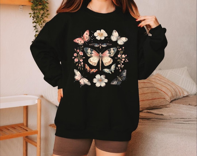 Boho Butterflies Sweatshirt, Boho Cottagecore Monarch Butterfly Sweater, Wildflowers Hoodie, Cottagecore Sweater, Butterfly Lover Sweatshirt