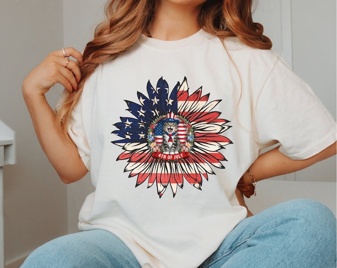 Comfort Colors Sunflower July 4th Cat Lovers Shirt, USA Cat and American Flag on Retro Sunflower, Great Independence Day, Gift for Her