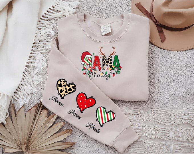 Custom Mama Claus With Kids Name Christmas Sweatshirt, Custom Gigi Christmas Sweater, Cute Grandma Hoodie, Unique Gift Mom, Nana Crewneck