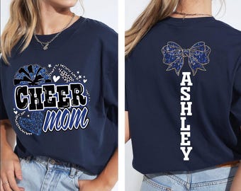 Custom Cheer Mom T-Shirt, Personalized Cheerleading Gift, Kid's Name Shirt, Cheer Mom Gift, Game day Shirt, Faux Glitter Cheer Mom Shirt