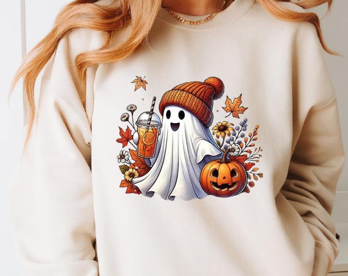 Halloween Ghost Coffee Pumpkin Flower Sweatshirt, Bougie Ghost Sweater, Here for the Boos, Halloween Ghost Hoodie, Halloween Ghost Sweater