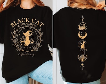 Black Cat Halloween Sweatshirt, Salem Black Cat Sweater, Vintage Spooky Season Hoodie, Halloween Mystical Cat Front and Back Sweatshirt, BP