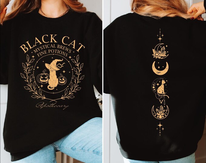 Black Cat Halloween Sweatshirt, Salem Black Cat Sweater, Vintage Spooky Season Hoodie, Halloween Mystical Cat Front and Back Sweatshirt, BP