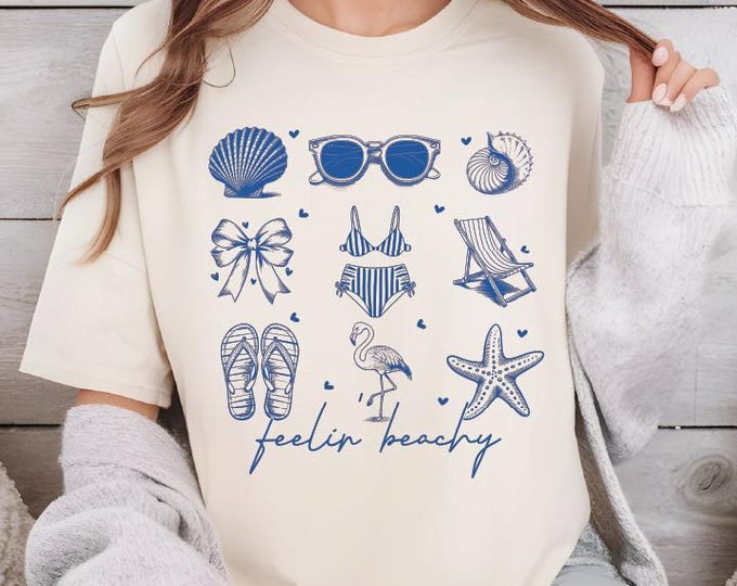 Vintage Blue Summer Beach Coquette Bow Shirt, Coquette Seashell Shirt, Vacay Shirts Beach Tee, Retro Summer Vibes Tee, Seashell T-shirt