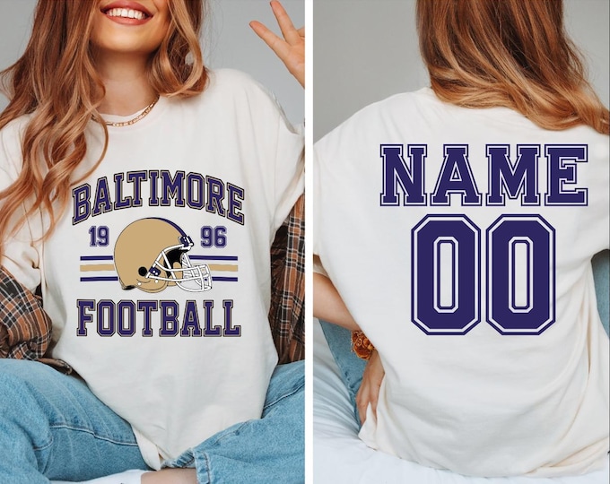 Baltimore Football Shirt, Custom Comfort Colors Baltimore Football Shirt, Custom Name and Number Baltimore Back Print, Sunday Football, BP