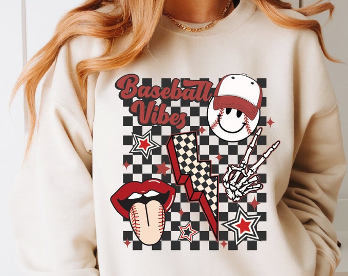 Retro Checkered Baseball Vibes Sweatshirt, Baseball Hoodie, Retro Baseball Sweatshirt, Baseball Mom Sweater, Cute Vintage Sports Mom Sweater