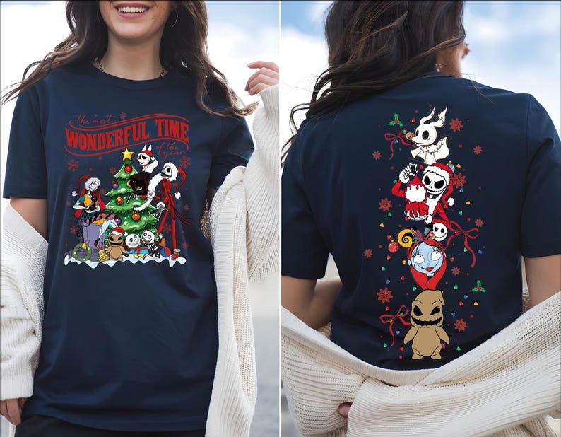 The image is a collage of two photos featuring a woman wearing a navy blue t-shirt with a Christmas-themed design. The t-shirt has a Christmas tree, Santa Claus, and other holiday-themed characters on it. The woman is also wearing a white sweater.