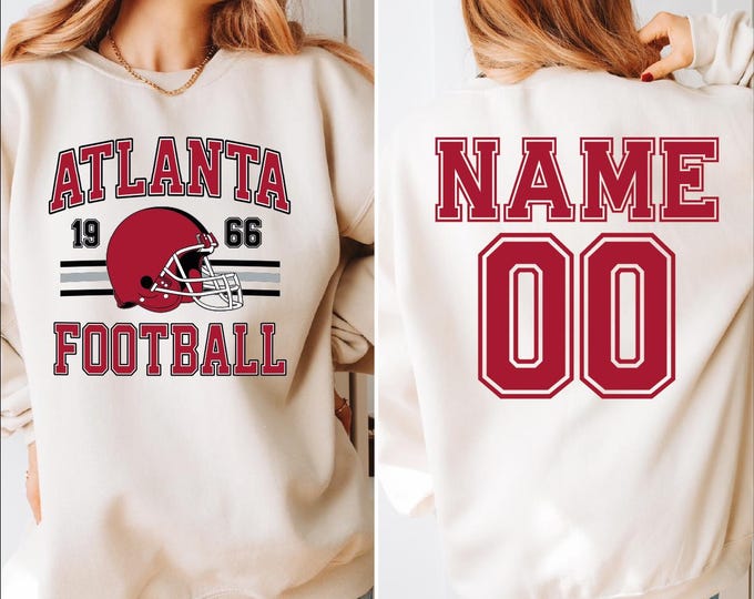 Atlanta Football Sweatshirt, Custom Name Number Atlanta Football Season Back Print Hoodie, Football Game Day Atlanta Fan Sweater, BP
