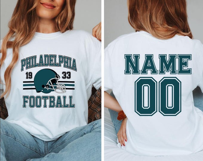 Custom Philadelphia Football Shirt, Philadelphia Football Custom Name And Number Shirt, Comfort Colors Philadelphia Football Helmet Tee, BP