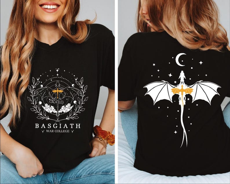 a woman wearing a black shirt with a white bat on it