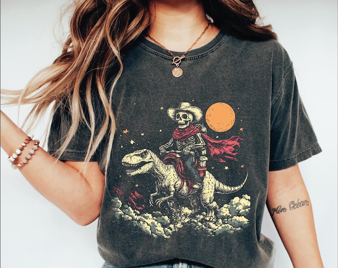 Retro Cowboy Skeleton Dinosaur Halloween Shirt - 4 Designs