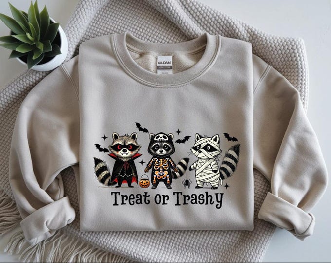 Funny Halloween Racoon Trick or Trashy Sweatshirt, Spooky Season Racoon Sweater, Cute Halloween Racoon Hoodie, Halloween Ghost Racoon Hoodie