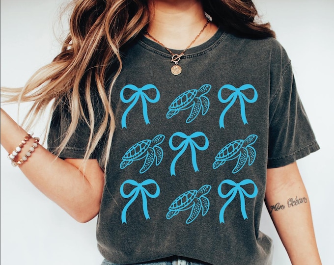 Turtle Coquette Bow Shirt, Summer Vibes T-Shirt, Turtle T-Shirt, Retro Summer Shirt, Beach Shirt, Turtle Coquette Bow, Coquette Turtle Shirt