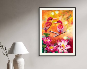 Kingfisher & Lotus Flower Art Print, Colorful Bird Wall Decor