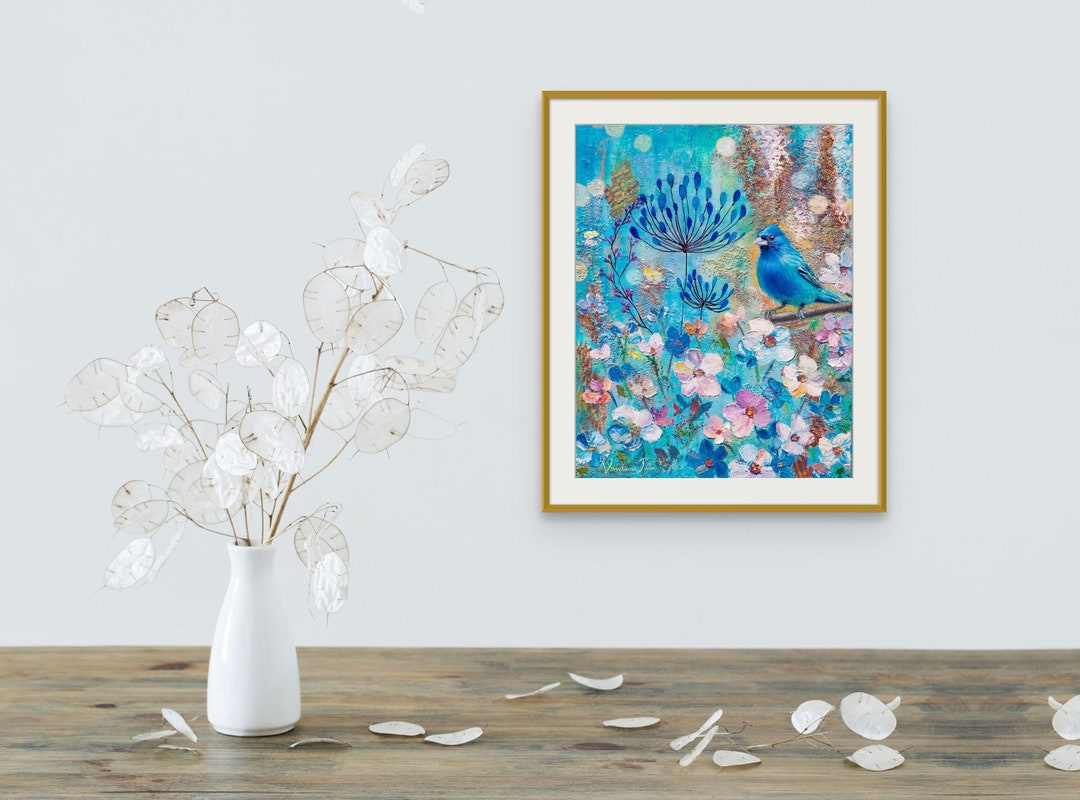 Indigo Bunting Fine Art Print | Blooming Blues Bird Wall Decor - Etsy