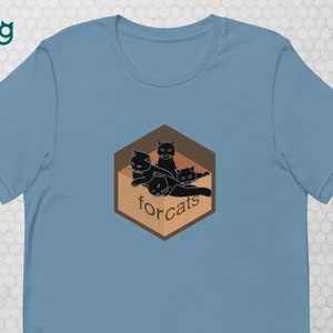 May include: A pale blue t-shirt with a graphic of four black cats in a brown hexagonal box. The text "for cats" is below the cats. The shirt has a crew neck and short sleeves.