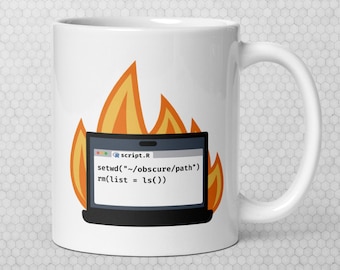 Caneca "Laptop em Chamas" com código R, presente para cientista de dados