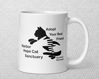 Caneca branca brilhante Harbor Hope Cat Rescue Adote seu melhor amigo