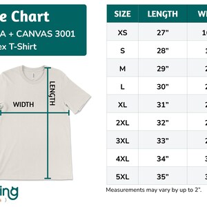 Size chart for BELLA +CANVAS 3001 Unisex T-Shirt. Sizes range from XS to 5XL.
