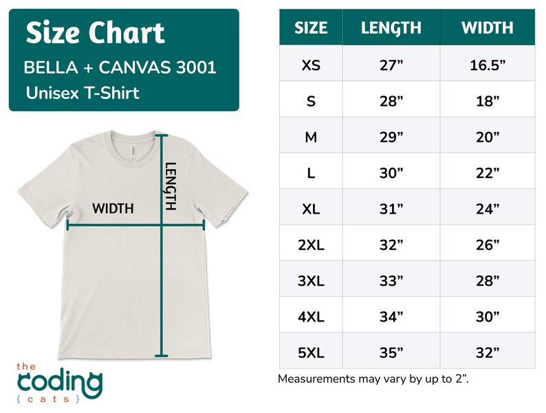 Size chart for BELLA +CANVAS 3001 Unisex T-Shirt. Sizes range from XS to 5XL.