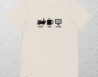 Camiseta Cats Tea Code, presente para cientista de dados e programador