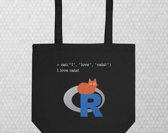 Sacola de algodão orgânico com estampa de gato e logo do R Stats, presente perfeito para programadores R.