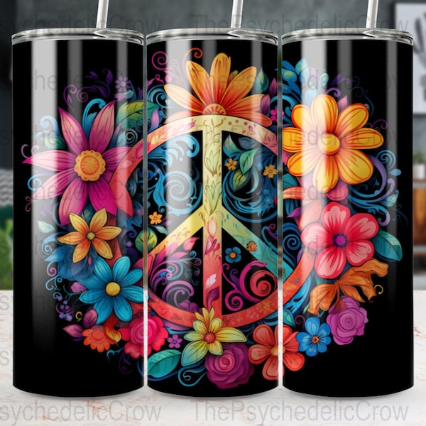 Hippie Peace Sign Floral (2) Sublimation Tumbler Wrap 20oz Straight/Skinny, Tapered DIGITAL FILE ONLY