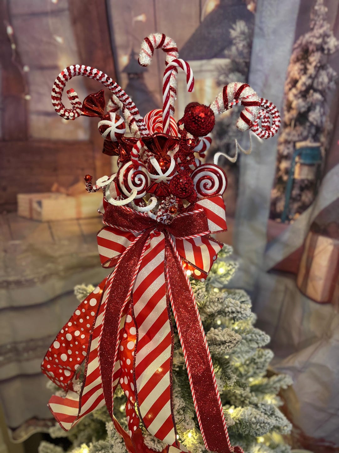 Peppermint Candy Cane Tree Topper Red and White Candyland Decor Kids ...