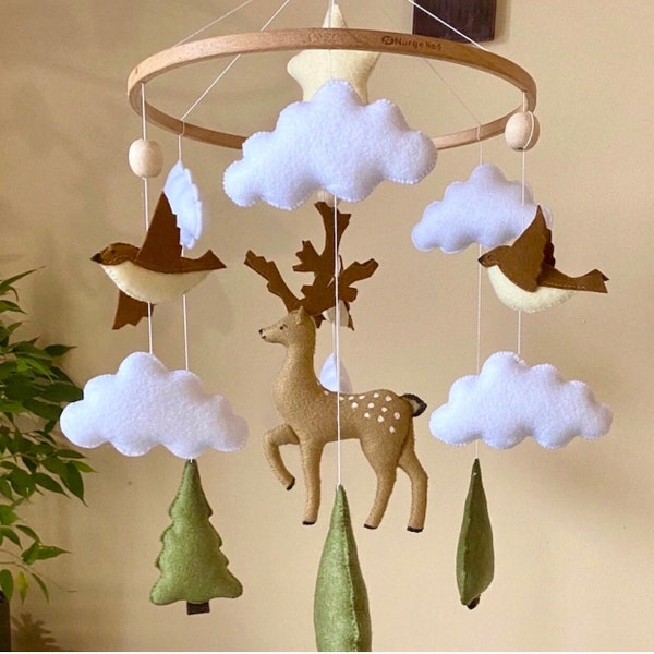 Baby mobile deer woodland, Gift baby shower, birds forest clouds nature , Crib mobile baby nursery  , gift handmade , decor nature mobile