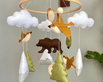 Woodland baby mobile Forest bear, Mountains, Birds, Gift baby shower, Crib decor handmade, Forest tree nature, Nursery mobile, Cot bed decor