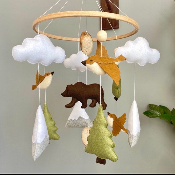 Crib Baby mobile nature Forest bear birds Mountains Woodland, Gifts baby shower gift for her, handmade, Crib mobile, Nursery decor Cot bed