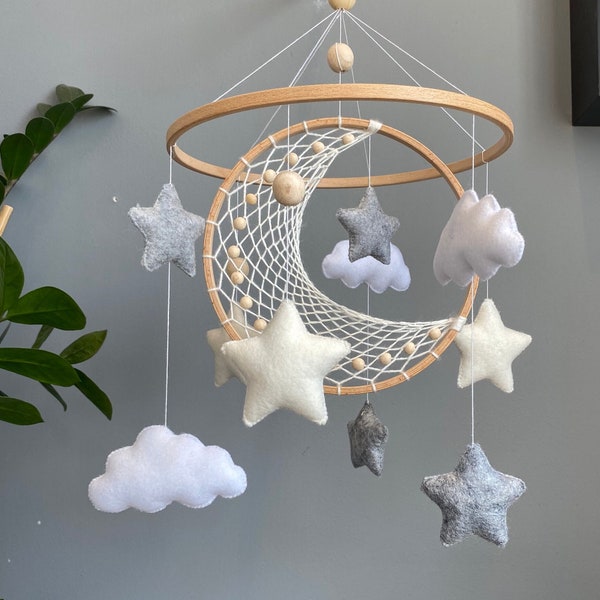 Mobile bébé étoiles et nuages en lune en macramé, cadeau baby shower, mobile pour chambre de bébé pour berceau, décoration de lit de berceau, fait main, décoration de chambre de bébé nature