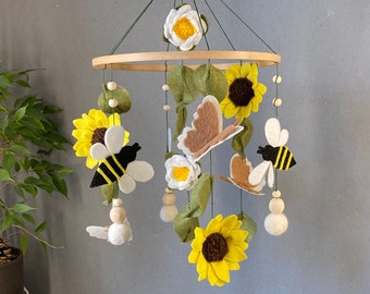 Krippe Baby Mobile Sonnenblumen Schmetterling Bienen Blumen Wald Natur, Geschenk Babyparty, Kinderzimmer Mobile Baby, Gitterbett Dekor