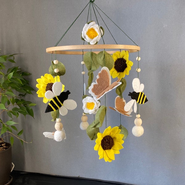 Crib Baby mobile sunflowers butterfly bees flowers forest nature, Gift baby shower, Nursery mobile baby, Cot bed decor