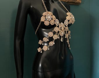 Top con cristales de diamantes de imitación_Collar de cuerpo de cristal_Cadena de cuerpo dorada_Collar de cuerpo_Collar sexy_Cadena de cuerpo de novia_