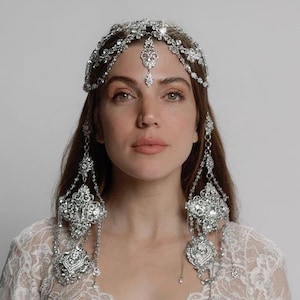Silber Braut Kopfschmuck _Kristall Verzierungen Kopfschmuck_Bollywood Kopfschmuck _Kristall Tikka Kopfschmuck_Funkelnder Kristall Kopfschmuck